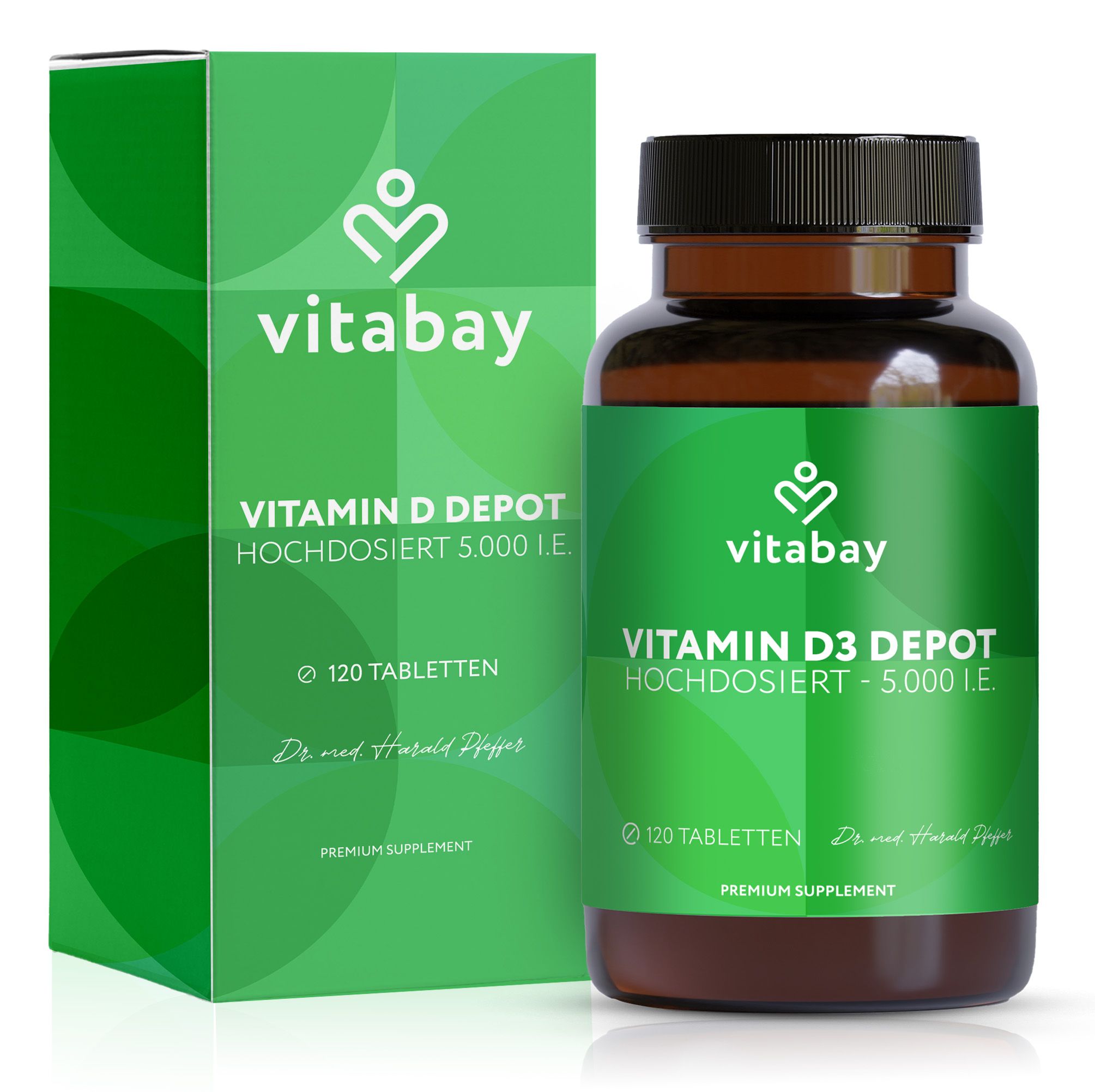 Vitabay Vitamin D3 Depot 5.000 I.E. Tabletten in Braunglasflasche und grüner Faltschachtel.