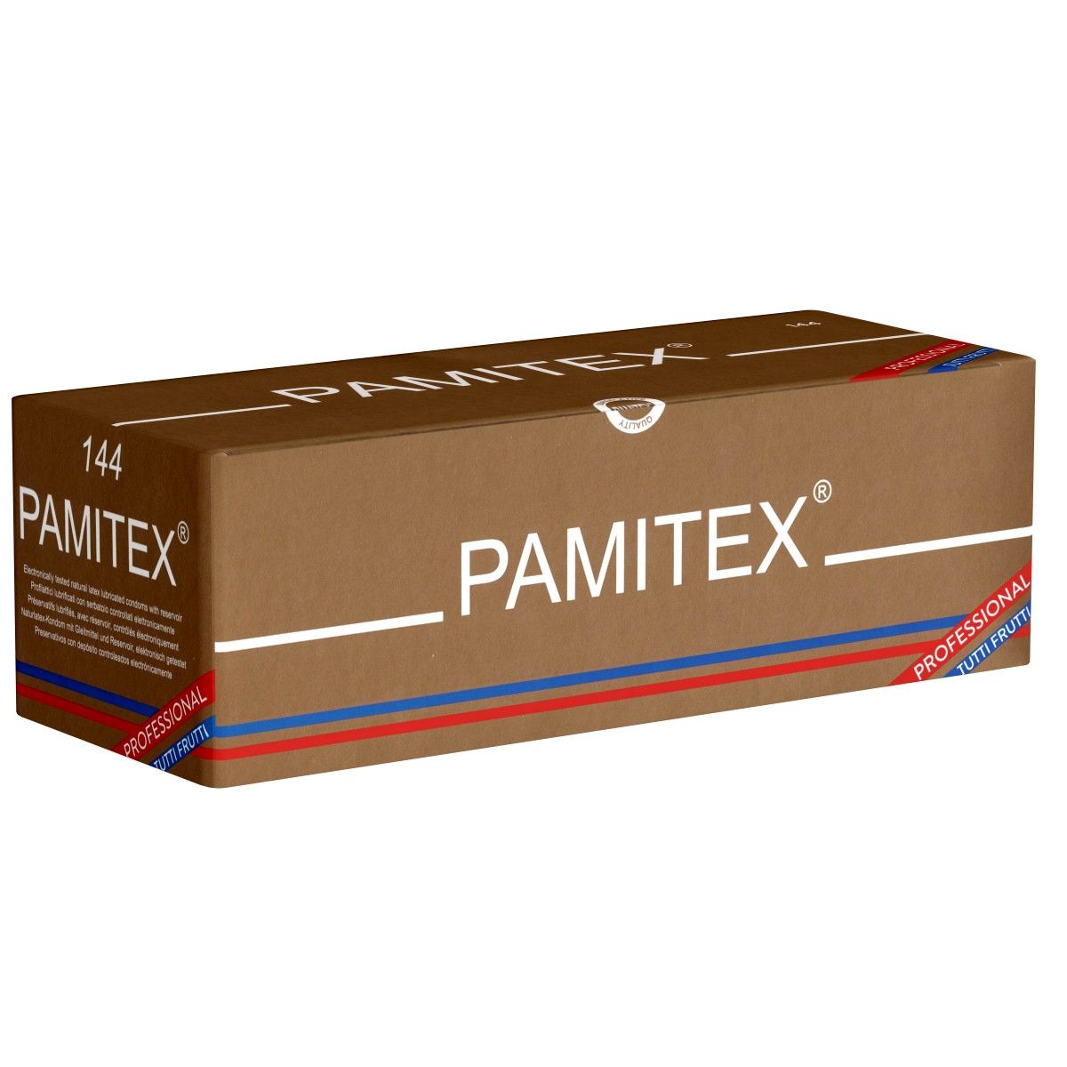 Braune Pappschachtel mit weißer und farbiger Beschriftung. Aufschrift: PAMITEX PROFESSIONAL TUTTI FRUTTI. Eckige Form.