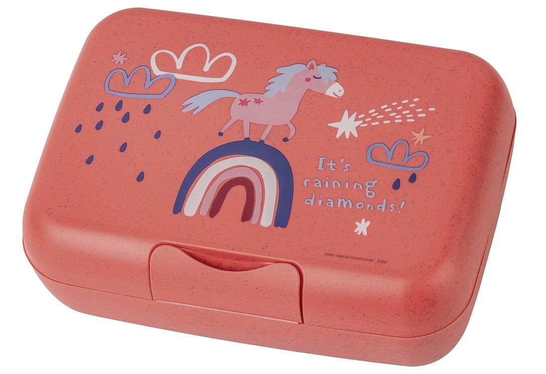 Geschlossene Lunchbox. Rosa Deckel mit Einhorn-Illustration, Regenbogen und Text. Rechteckige Form mit abgerundeten Ecken.