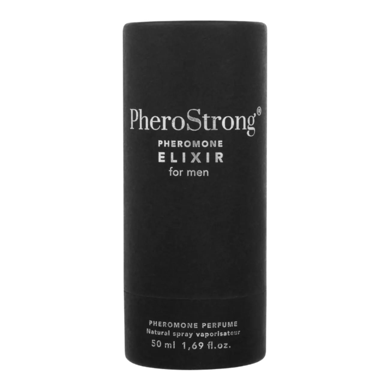 Zylindrische schwarze Verpackung. Aufschrift: PheroStrong Pheromone Elixir for men. 50 ml.