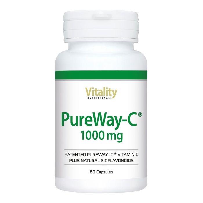 Weiße Flasche mit grünem Streifen. Aufschrift: Vitality Nutritionals PureWay-C 1000 mg. Enthält 60 Kapseln.