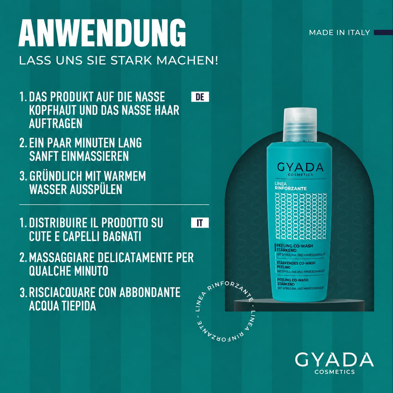 Türkise Flasche mit "GYADA COSMETICS" "STÄRKENDES CO-WASH" mit Anwendungshinweisen.