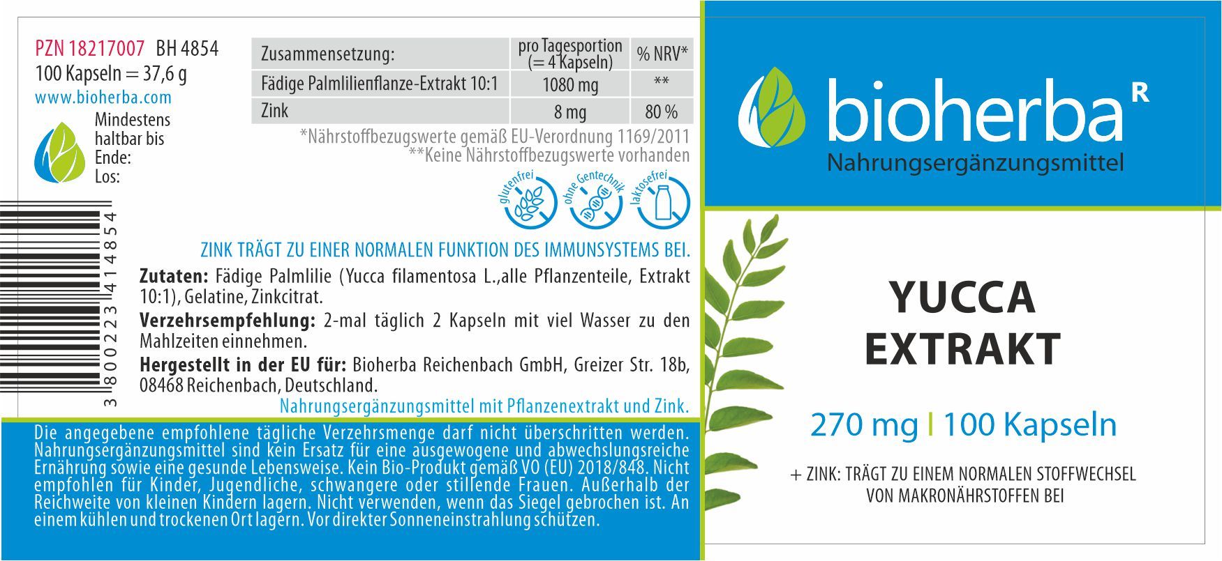 Etikett mit Produktinformationen. Enthält Text und das Logo von Bioherba. Enthält Yucca Extrakt, 270 mg, 100 Kapseln.
