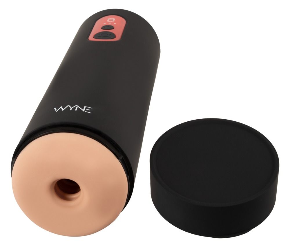 Schwarzes Masturbationsgerät mit rosafarbenem Einsatz und Deckel. Marke WYNE. Bedienfeld mit Knöpfen.