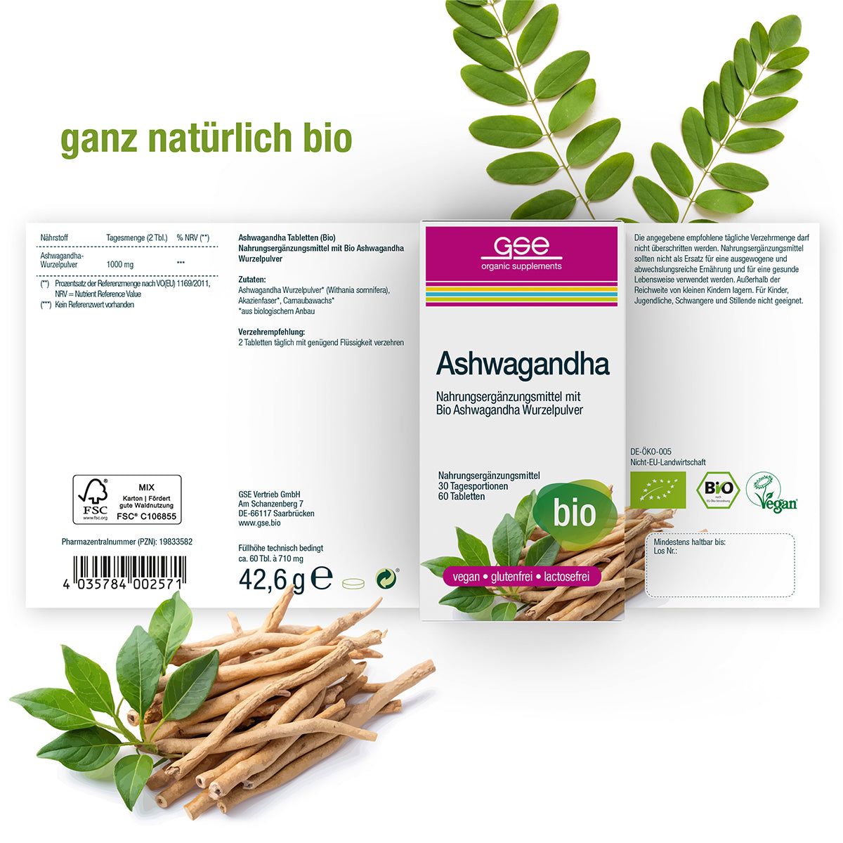 Geöffnete Produktverpackung mit Etikett und Ashwagandha-Wurzeln. Aufschrift: Ashwagandha, 30 Tagesportionen, 60 Tabletten. Bio-Siegel.