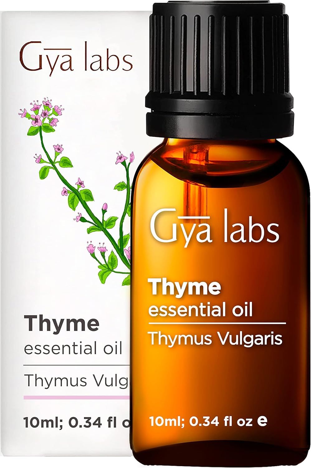 Gya Labs Thymianöl-Flasche mit Etikett. Text: Thymian ätherisches Öl, Thymus vulgaris. Verpackung: Karton mit Produktnamen und floralem Design.