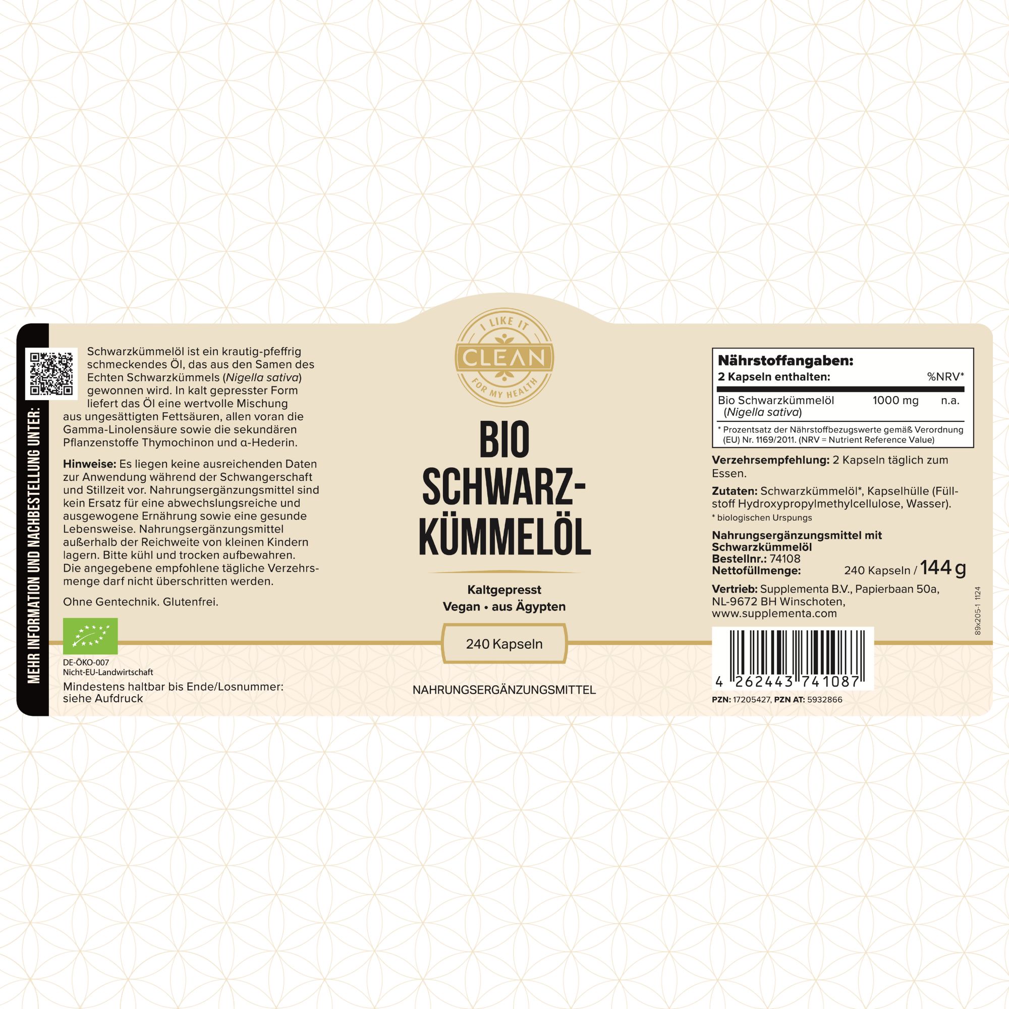 Etikett einer Nahrungsergänzungsmittel-Flasche. Text: BIO SCHWARZKÜMMELÖL, 240 Kapseln. Inhaltsstoffe und Nährwertangaben.