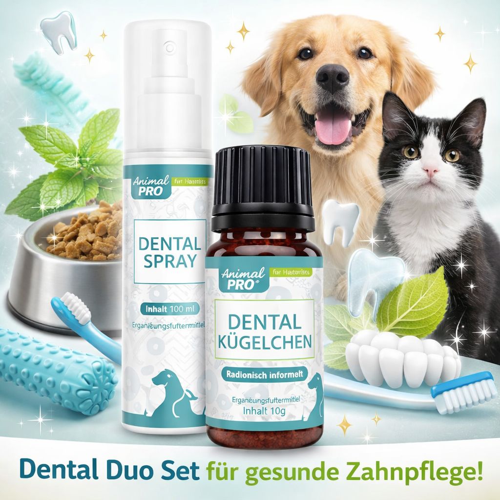 Zwei Flaschen mit Produktnamen. Ein Hund und eine Katze sind abgebildet. Text: Dental Duo Set für gesunde Zahnpflege.