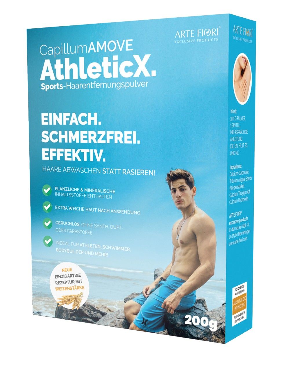 CapillumAMOVE AthleticX. 200g. Sports-Haarentfernungspulver. Einfach, schmerzfrei, effektiv. Mann am Strand.