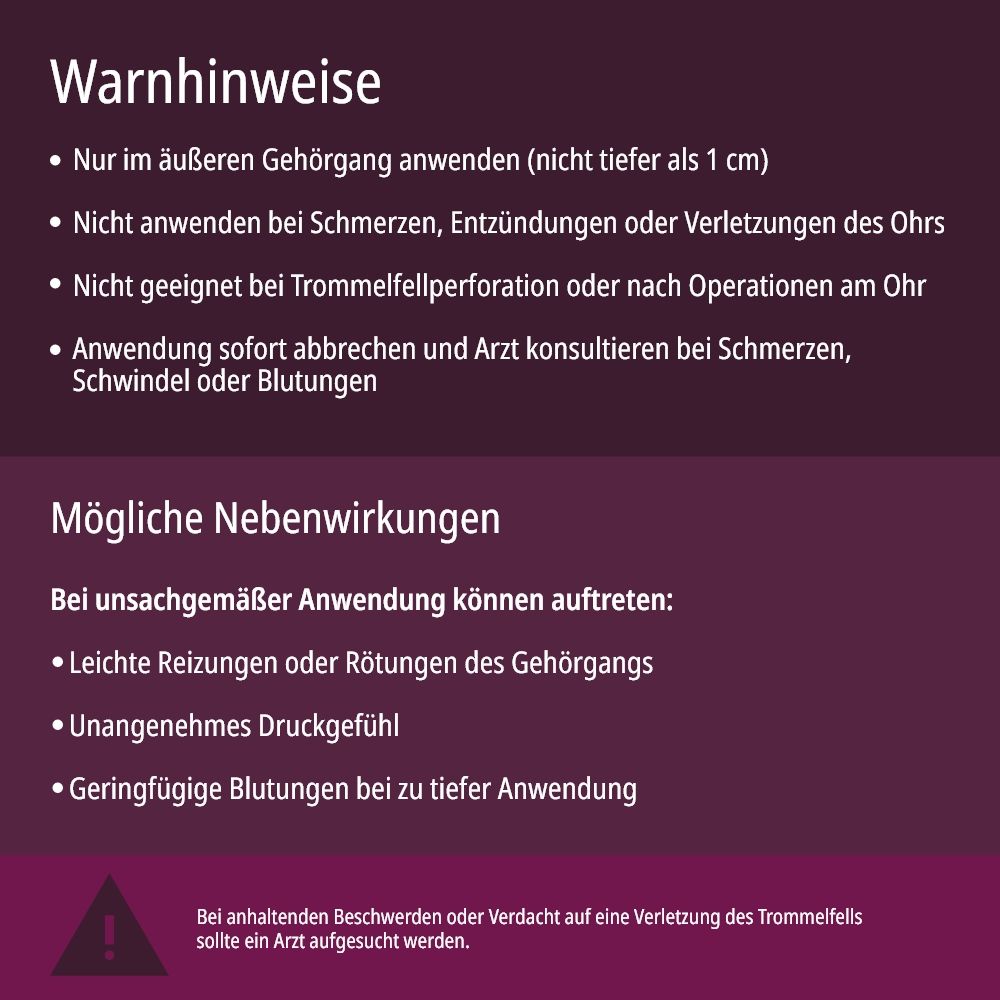 Text: Warnhinweise und mögliche Nebenwirkungen. Dreieck mit Ausrufezeichen.