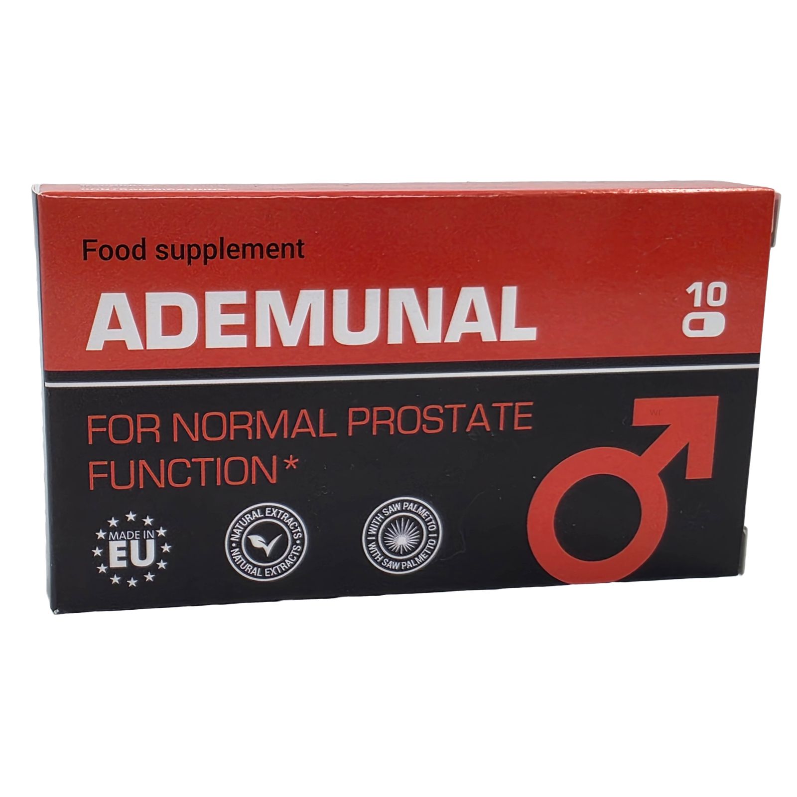 Schachtel mit roter und schwarzer Aufschrift. Enthält 10 Kapseln. Aufschrift: ADEMUNAL, FOR NORMAL PROSTATE FUNCTION.
