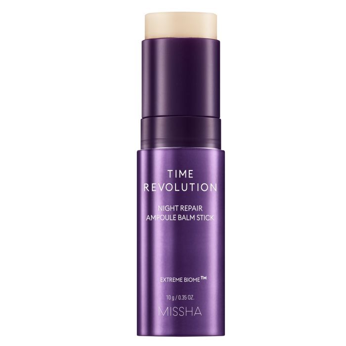 Lila Ampullen-Balsam-Stick. Aufschrift: Time Revolution Night Repair Ampoule Balm Stick. Marke: Missha. Oben cremefarben.