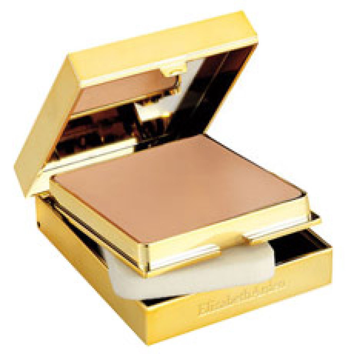 Goldfarbene Kompakt-Make-up-Dose, geöffnet. Beige Creme-Make-up und Schwamm sichtbar. Elizabeth Arden Logo unten.