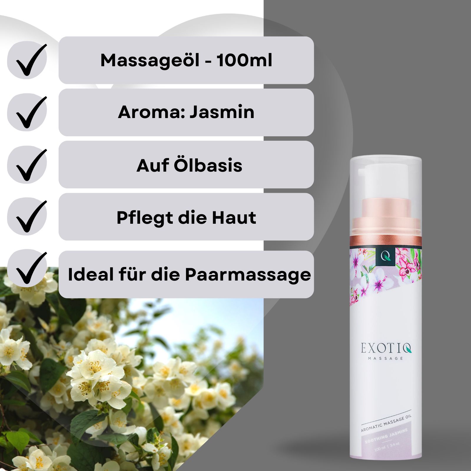 Massageöl-Flasche mit Jasmin-Aroma. Produktinformationen in deutscher Sprache. Hintergrund mit Jasminblüten.