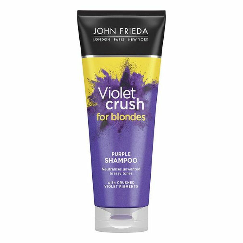 Violett-Shampoo-Tube. Schwarzer Deckel, gelber Hintergrund. Schriftzug: Violet Crush for blondes, Purple Shampoo.
