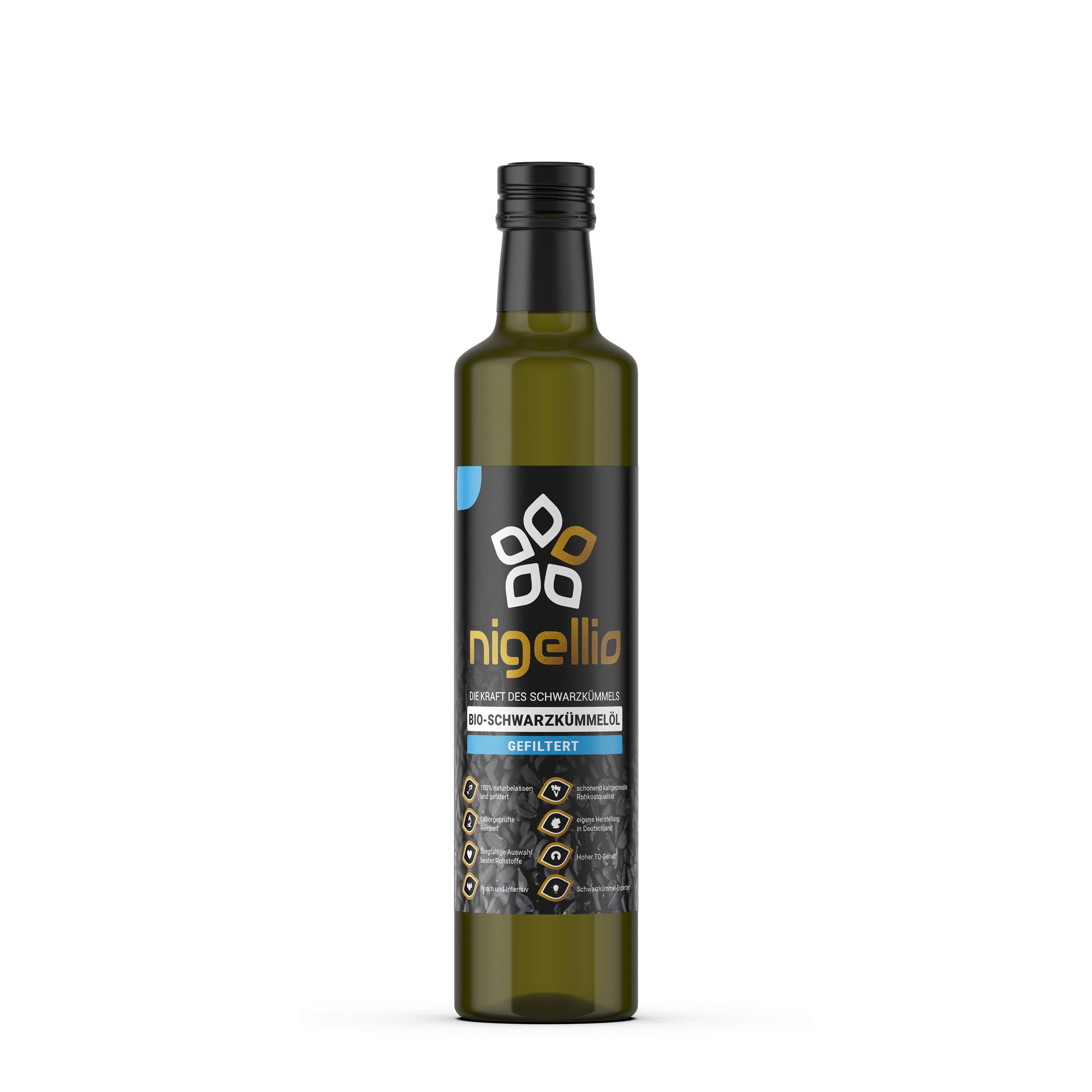 Nigellio Bio-Schwarzkümmelöl gefiltert kaltgepresst aus ägyptischer Nigella sativa