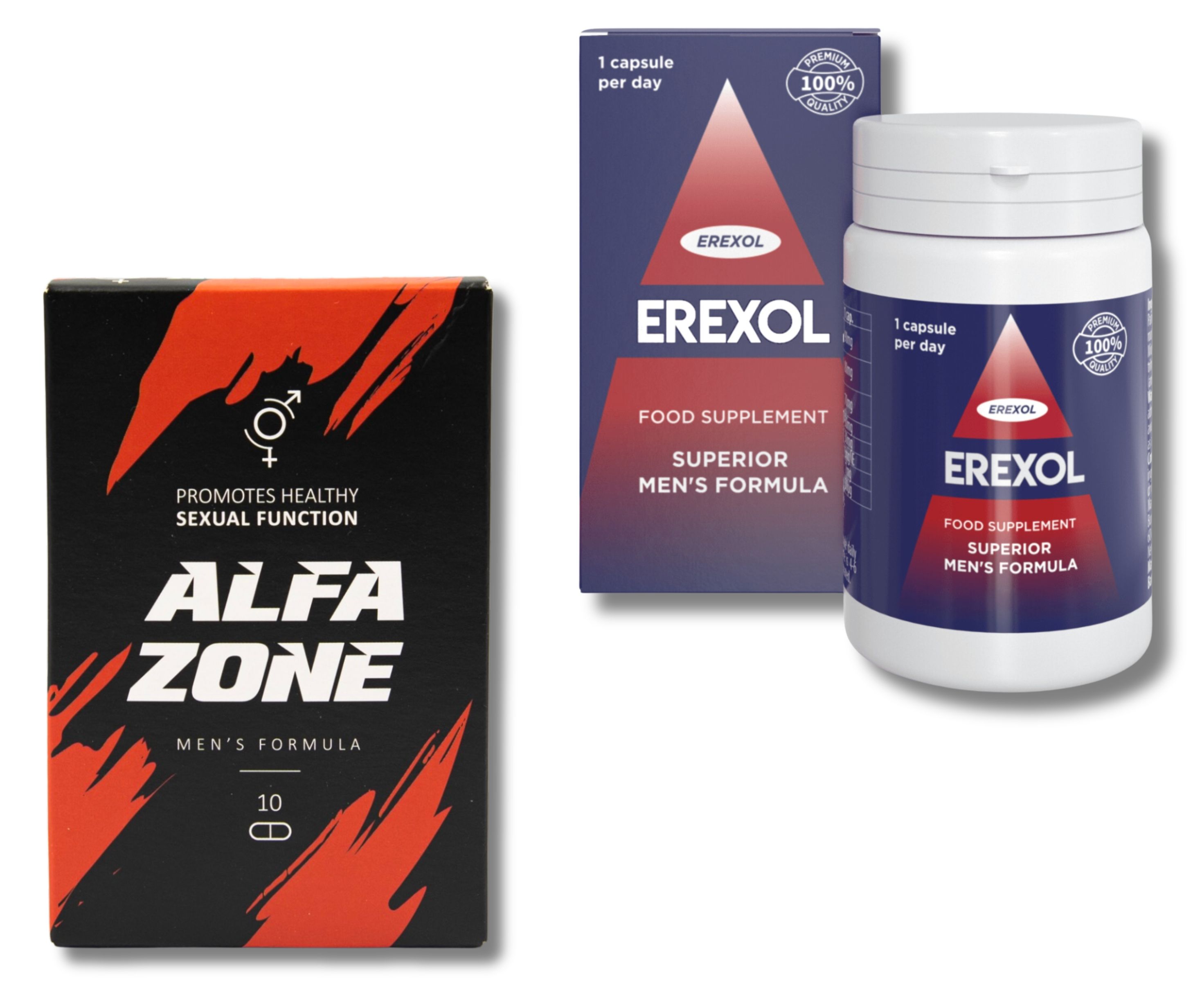 Drei Produkte: Alfa Zone-Schachtel, Erexol-Schachtel und -Flasche. Alfa Zone: schwarz, rot. Erexol: blau, rot, weiß. Aufschrift: Men's Formula.