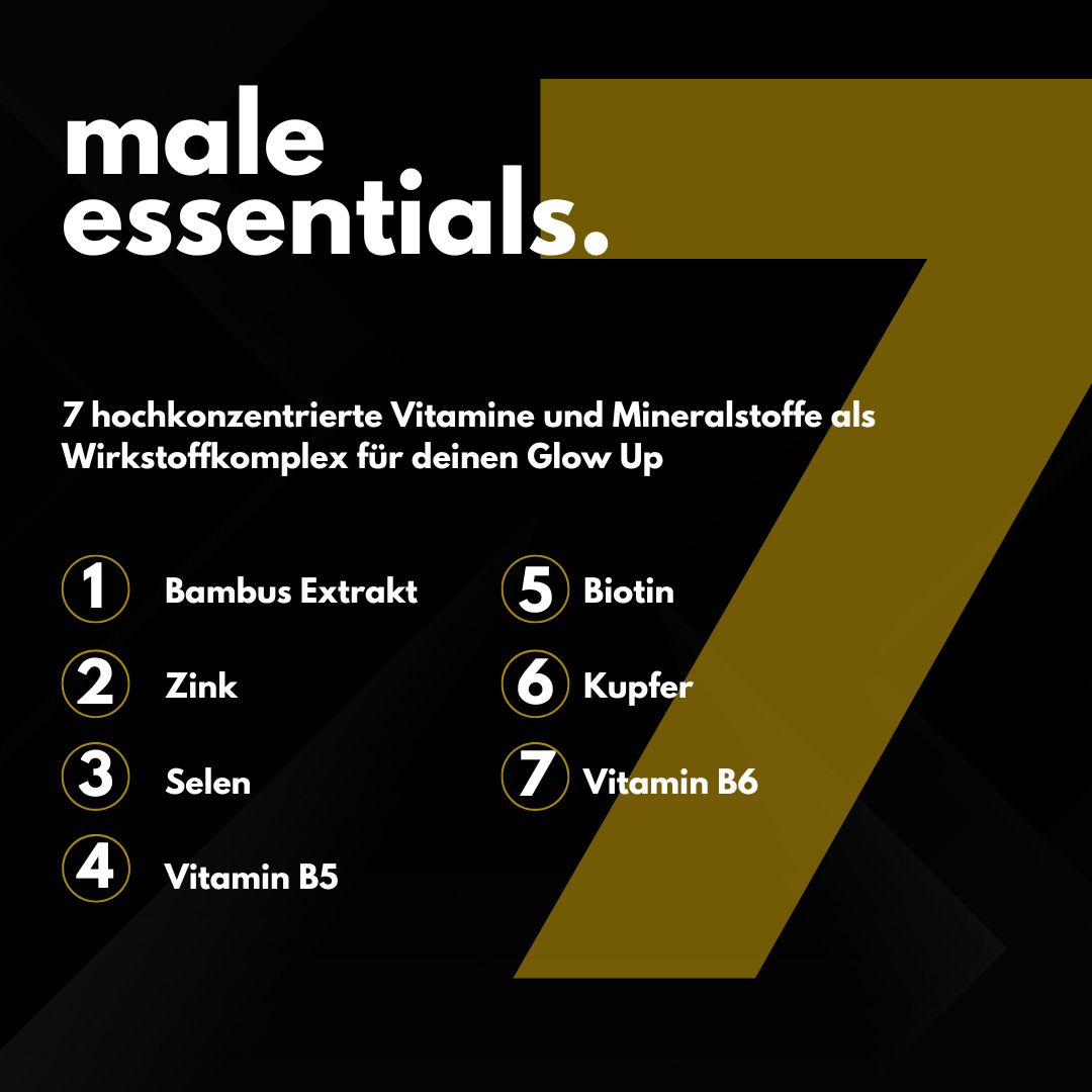 Text: male essentials. 7 hochkonzentrierte Vitamine und Mineralstoffe. Auflistung von Inhaltsstoffen.