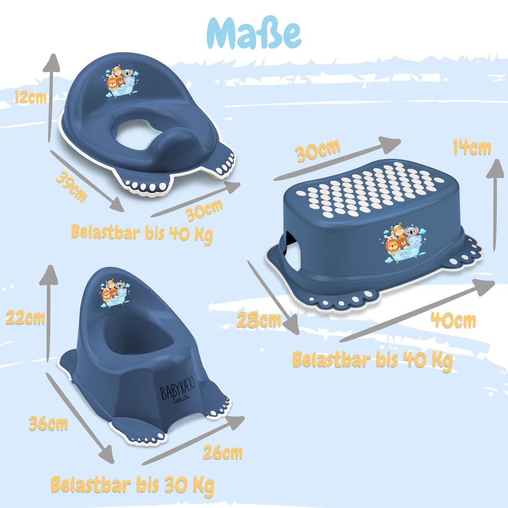 Maße des Sets: Töpfchen, Toilettentrainer und Hocker. Belastbarkeit bis 40 kg.
