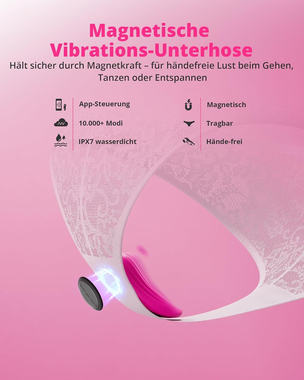 Magnetische Vibrations-Unterhose mit App-Steuerung, 10.000+ Modi, IPX7 wasserdicht, tragbar, händefrei.