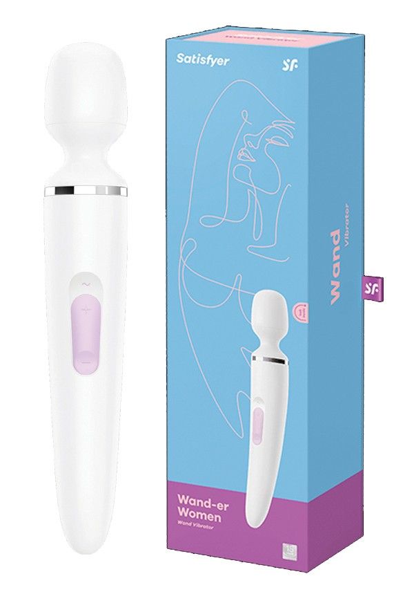 Produkt und Verpackung. Weißer Vibrator neben blauer Box. Marke: Satisfyer, Modell: Wand-er Woman.