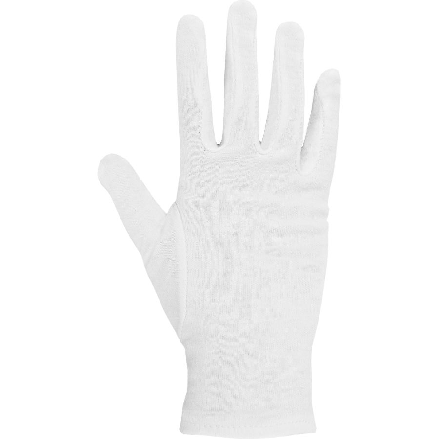 Weißer Baumwoll-Unterziehhandschuh, flach auf weißem Hintergrund.