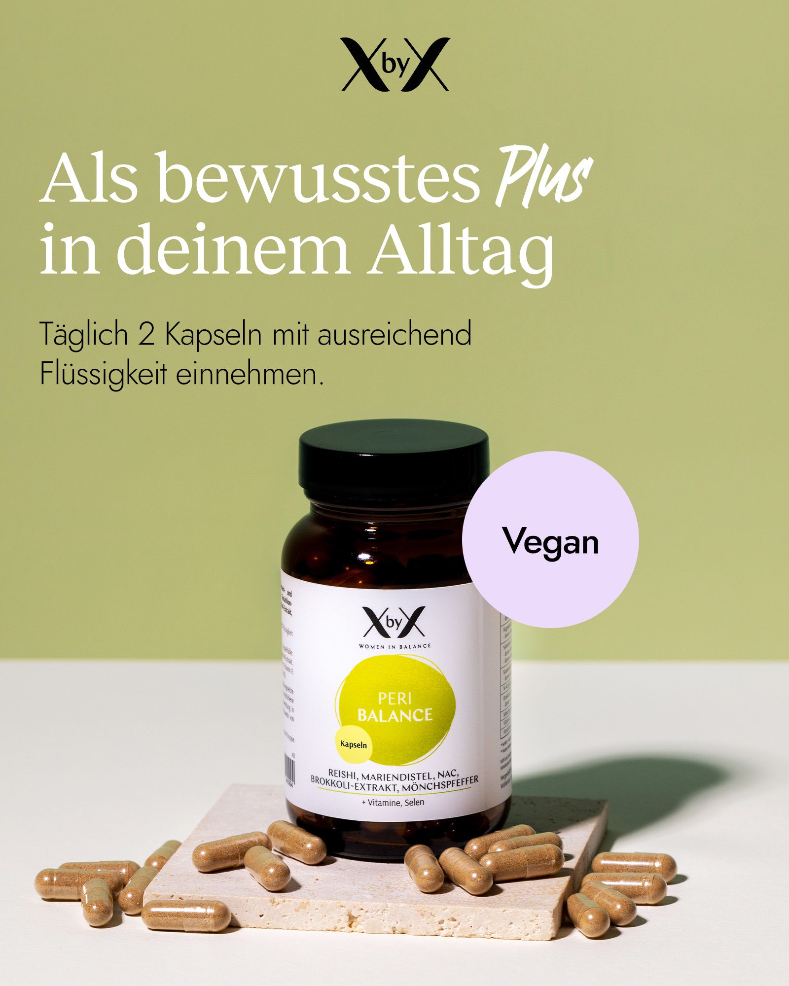 XbyX Peri Balance Kapseln Flasche, als vegan gekennzeichnet, mit Kapseln auf einem Stein.