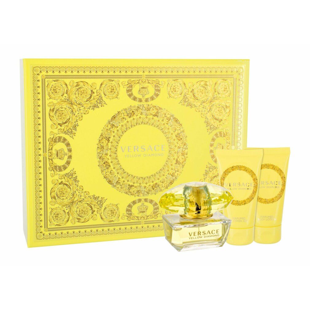 Gelbes Geschenkset mit Versace-Logo. Enthält Parfümflakon und zwei Tuben. Verpackung mit goldenen Verzierungen.
