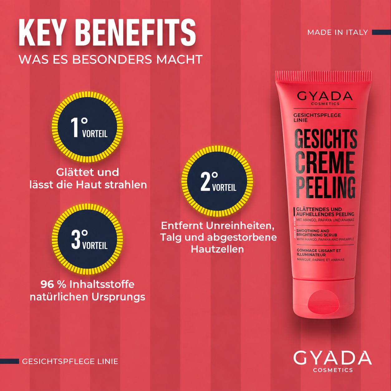 GYADA COSMETICS Gesichtscreme-Peeling: Glättet, lässt Haut strahlen, entfernt Unreinheiten. 96% natürliche Inhaltsstoffe.