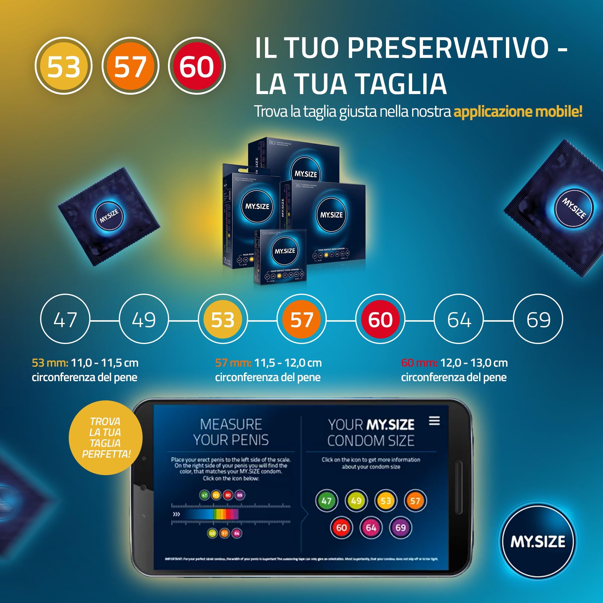 Smartphone zeigt MY.SIZE App zur Kondomgrößenbestimmung, Größen 47-69.