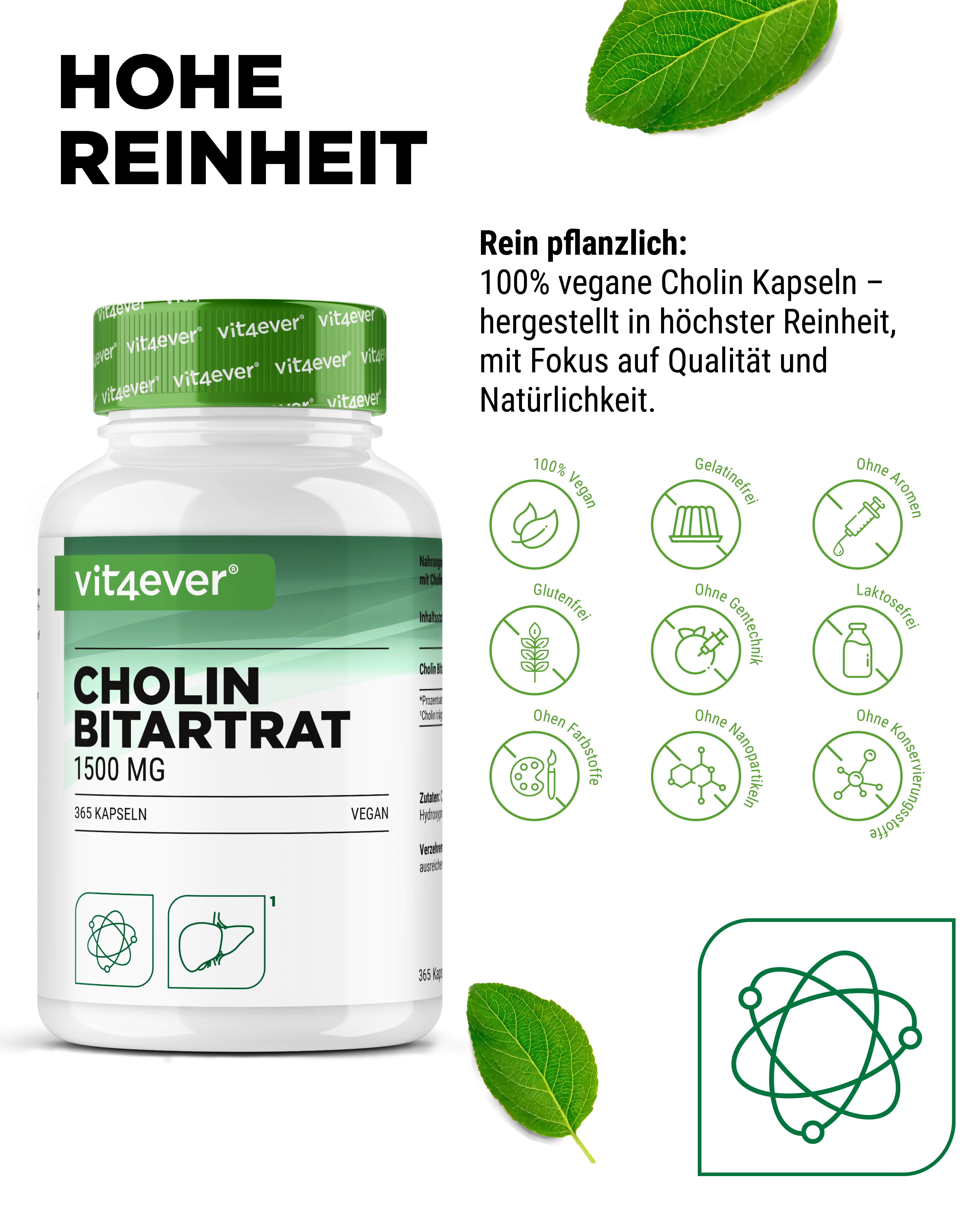 Weiße Flasche mit grünem Deckel. Aufschrift: Cholin Bitartrat 1500 mg. Vegan. Logo vit4ever. 365 Kapseln. Symbole: vegan, glutenfrei, ohne Aromen.