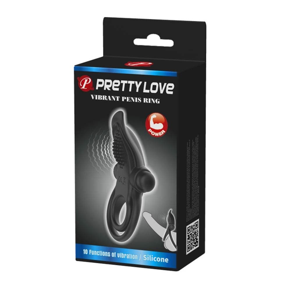 Schwarze Produktverpackung mit Produktabbildung. Aufschrift: PRETTY LOVE VIBRANT PENIS RING.