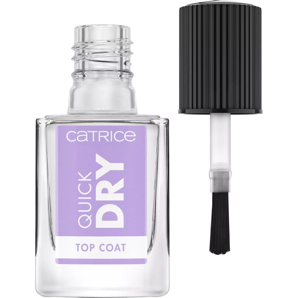 Catrice Quick Dry Überlack-Flasche mit geöffnetem Deckel und Pinsel. Klarer Nagellack, schwarzer Deckel.