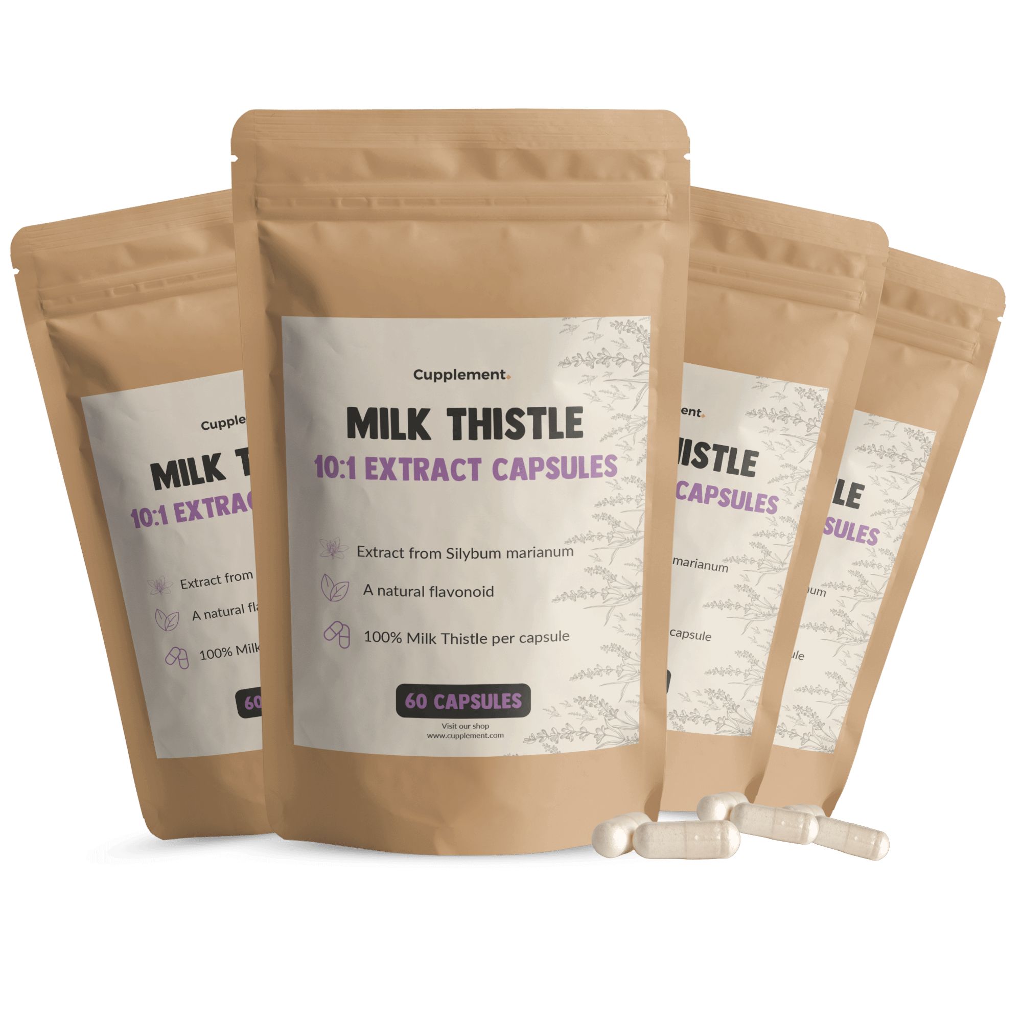 Mehrere Beutel mit Kapseln. Aufschrift: Milk Thistle 10:1 Extract Capsules. 60 Kapseln. Einige Kapseln liegen daneben.