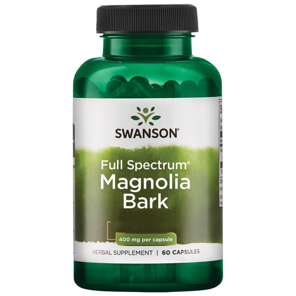 Grüne Flasche mit schwarzen Deckel. Aufschrift: SWANSON, Magnolia Bark, 400 mg pro Kapsel, 60 Kapseln.