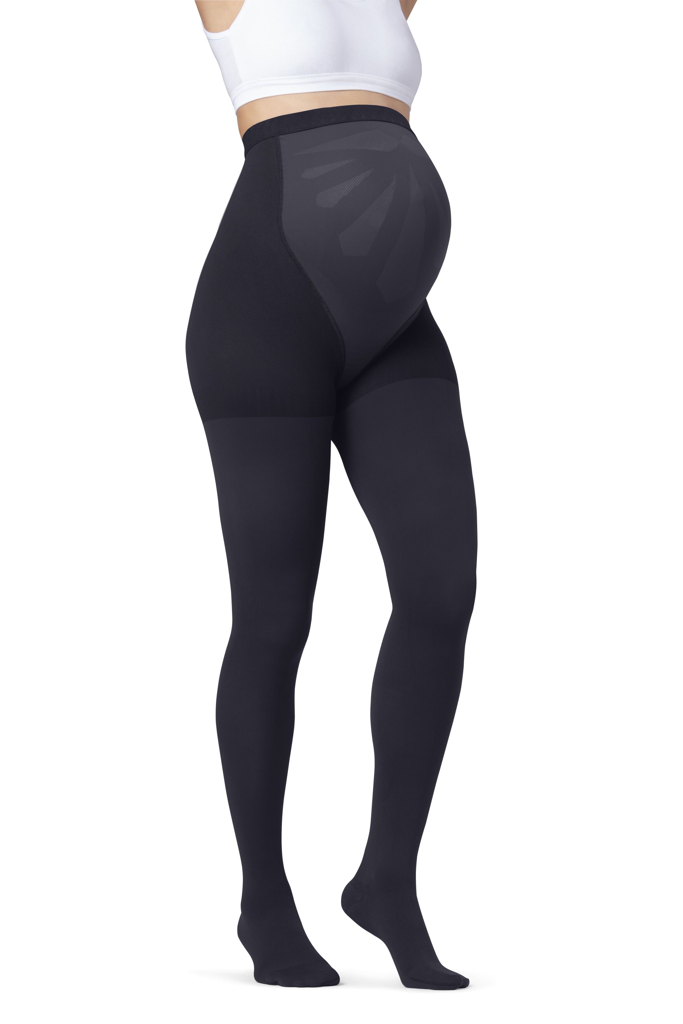 Schwarze Kompressions-Strumpfhose für Schwangere. Blick von der Seite, Frau trägt Strumpfhose. Bauchbereich mit Musterung.