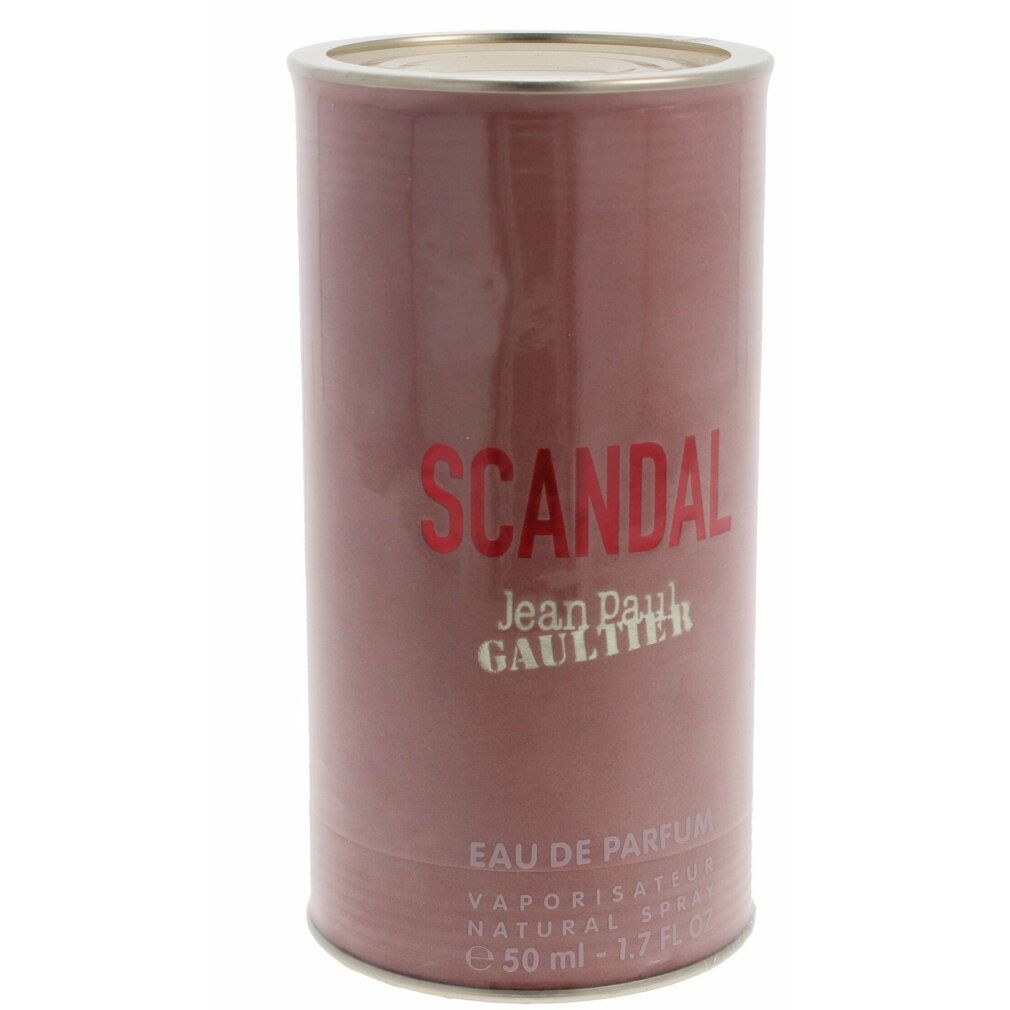 Zylindrische Verpackung. Aufschrift: SCANDAL, Jean Paul Gaultier, Eau de Parfum, 50 ml.