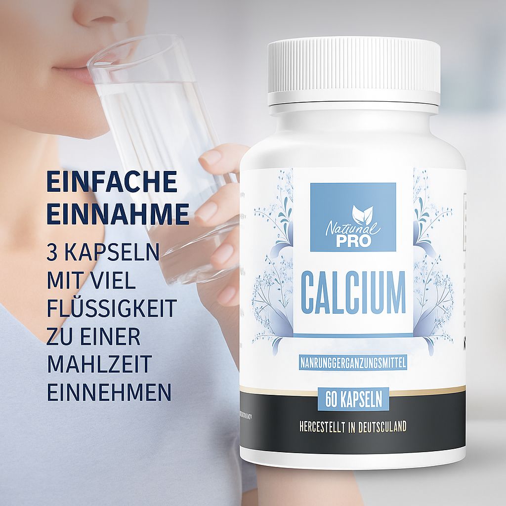 Person trinkt Wasser neben Flasche. Natural Pro Calcium, 60 Kapseln. Text: Einfache Einnahme.