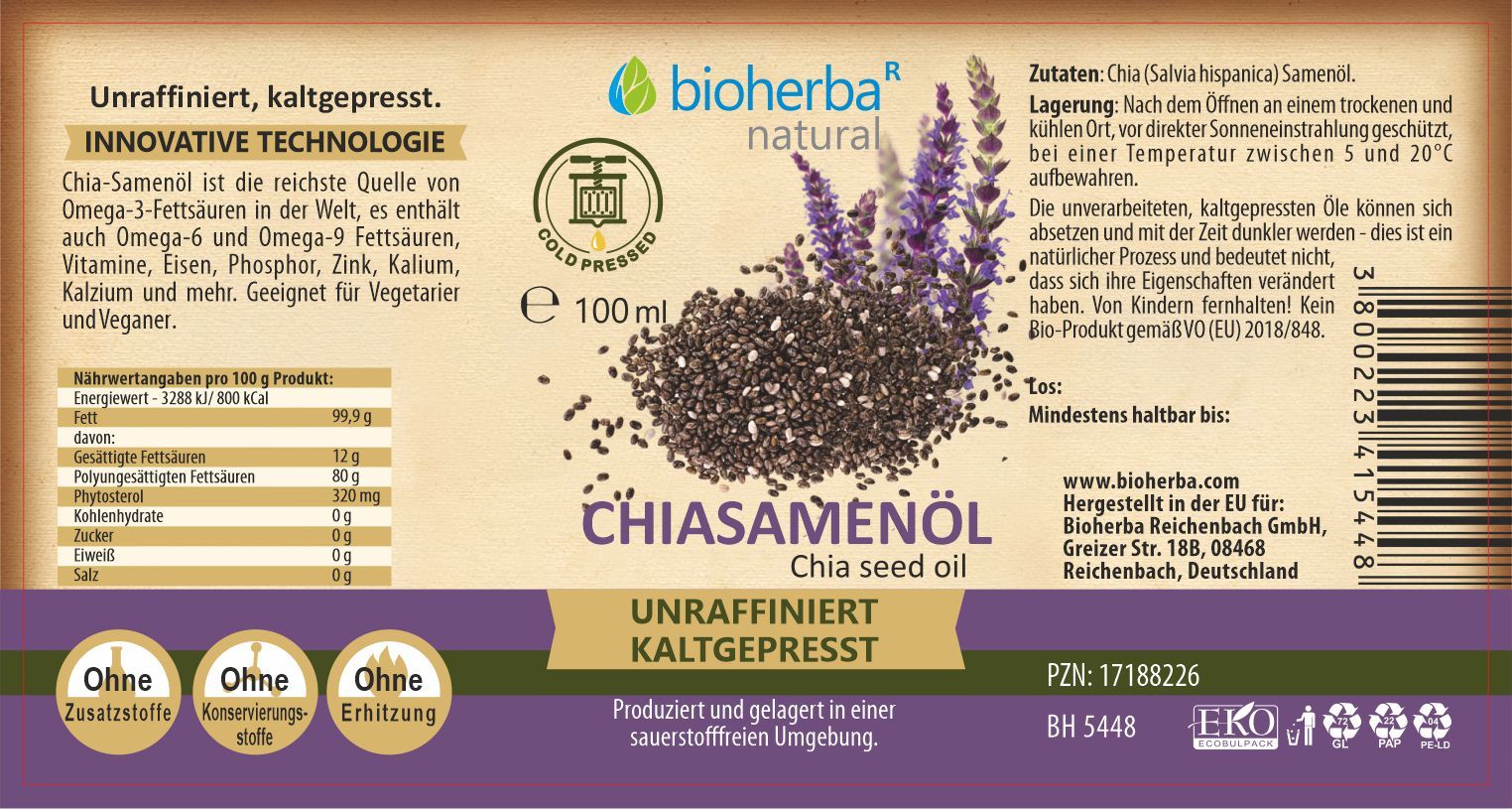 Etikett mit Produktinformationen. Bioherba Chia-Samenöl, kaltgepresst. Text, Abbildung von Chiasamen und Lavendel.