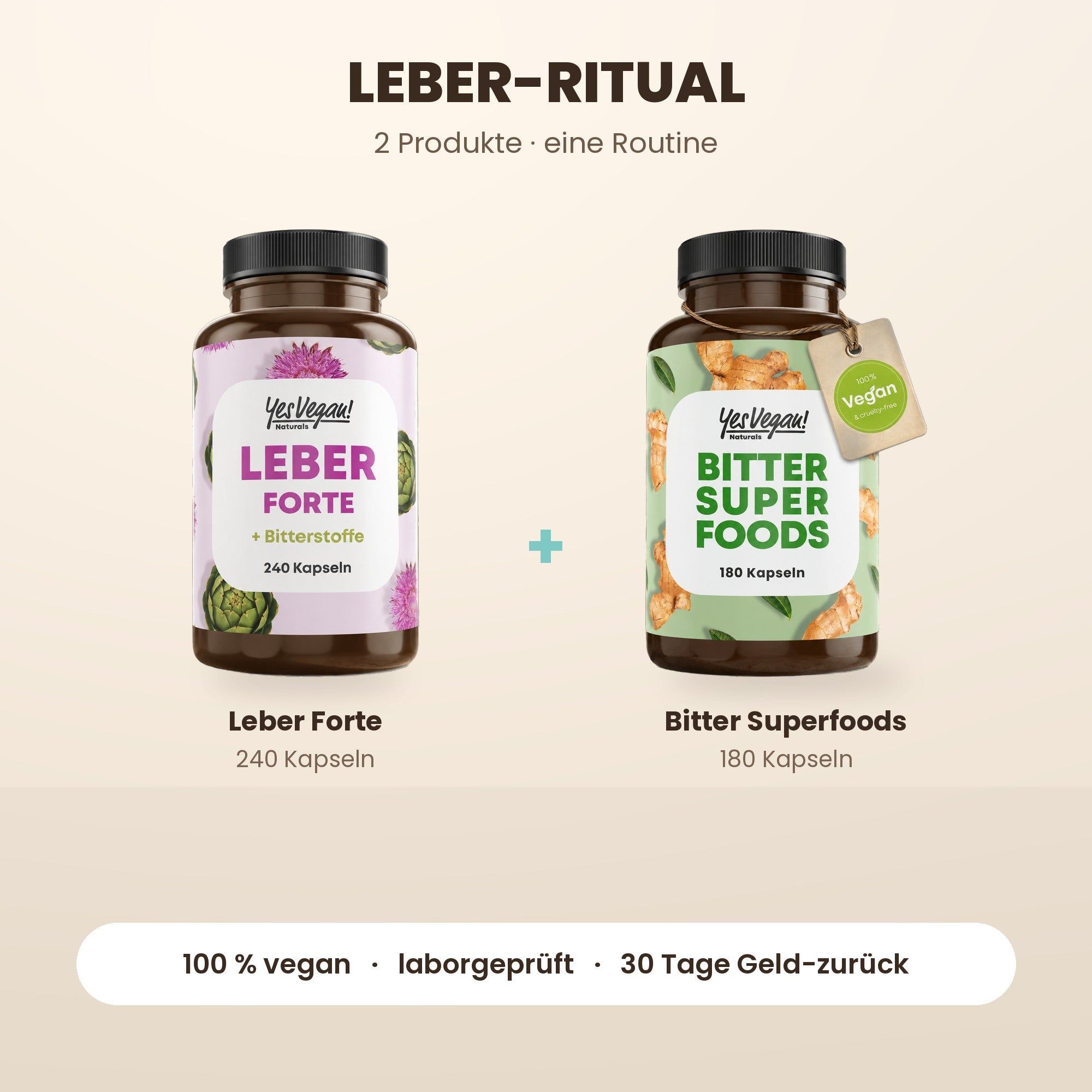 Zwei Flaschen Yes Vegan! Leber Forte (240 Kapseln) und Bitter Super Foods (180 Kapseln) in einer Routine.