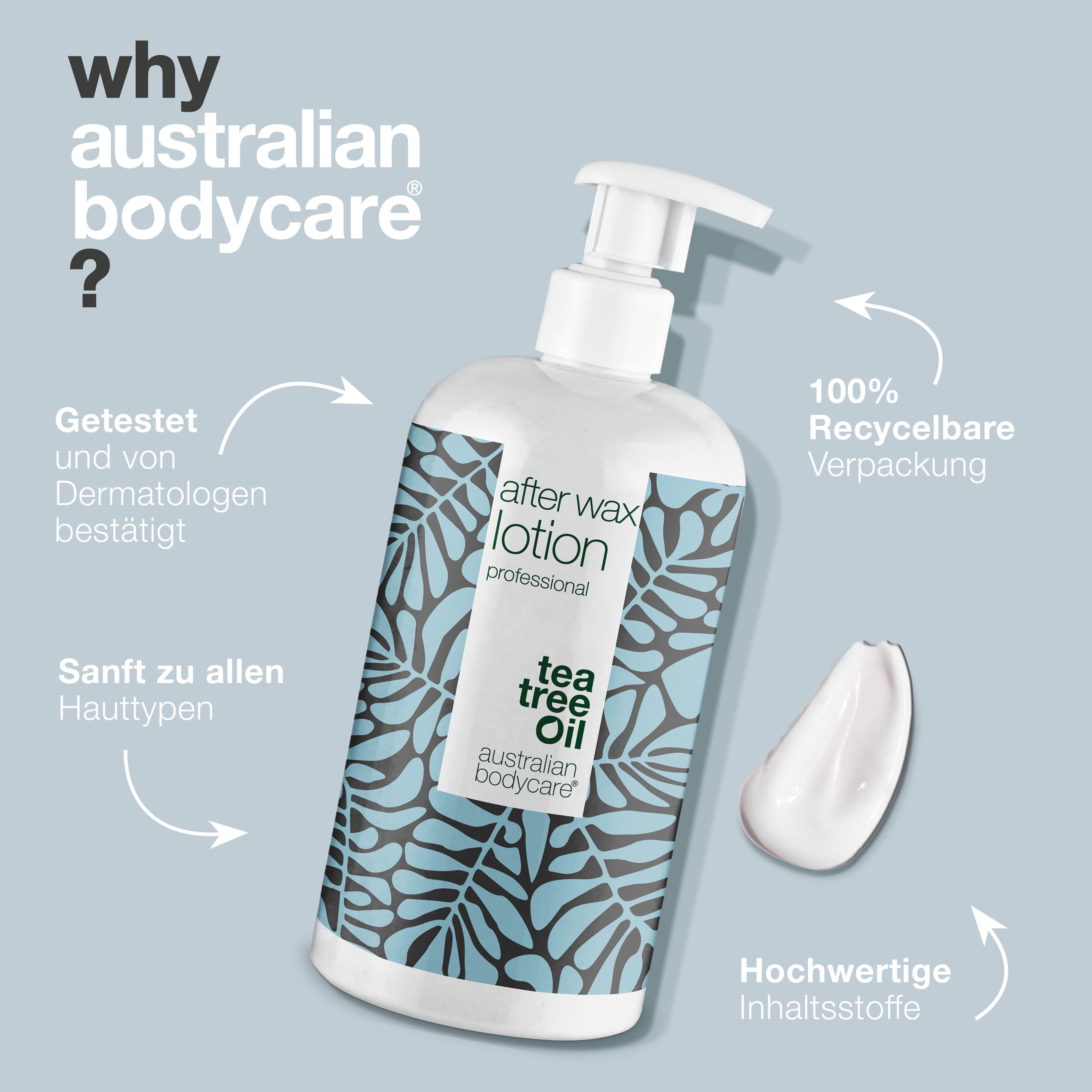 Produktflasche und Creme. Text: Getestet, 100% recycelbare Verpackung, hochwertige Inhaltsstoffe.