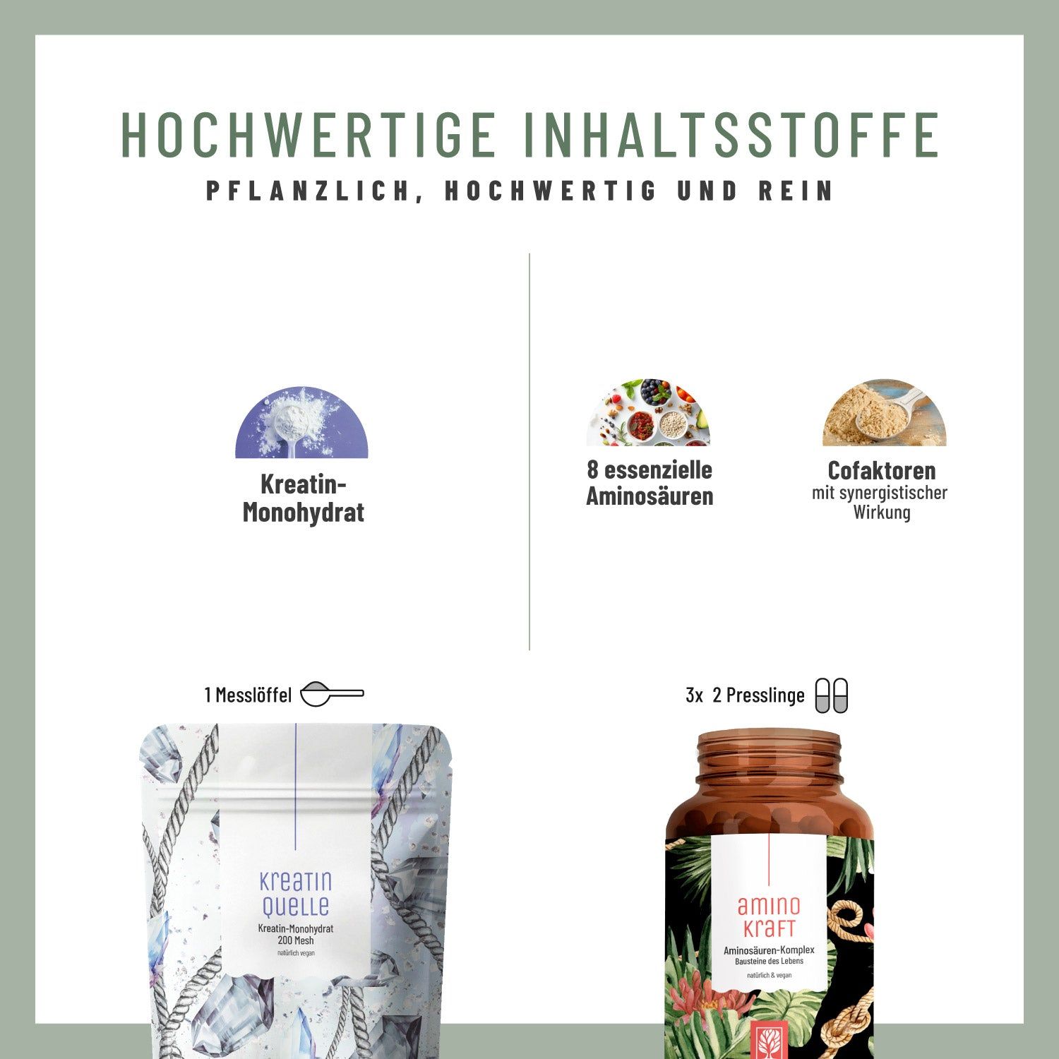 Grafik mit Informationen zu Inhaltsstoffen. Kreatin-Monohydrat, 8 Aminosäuren, Cofaktoren. Produkte: Beutel und Flasche.