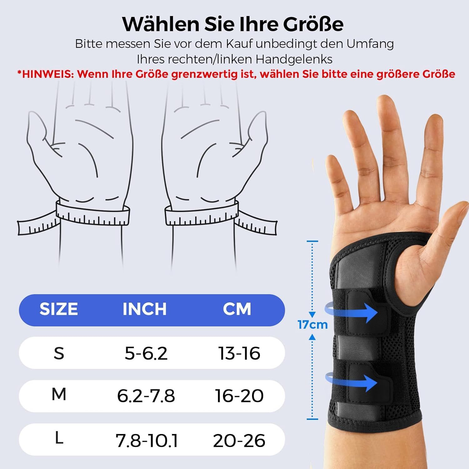 Größentabelle für Handgelenkbandagen mit Maßen in cm und inch.
