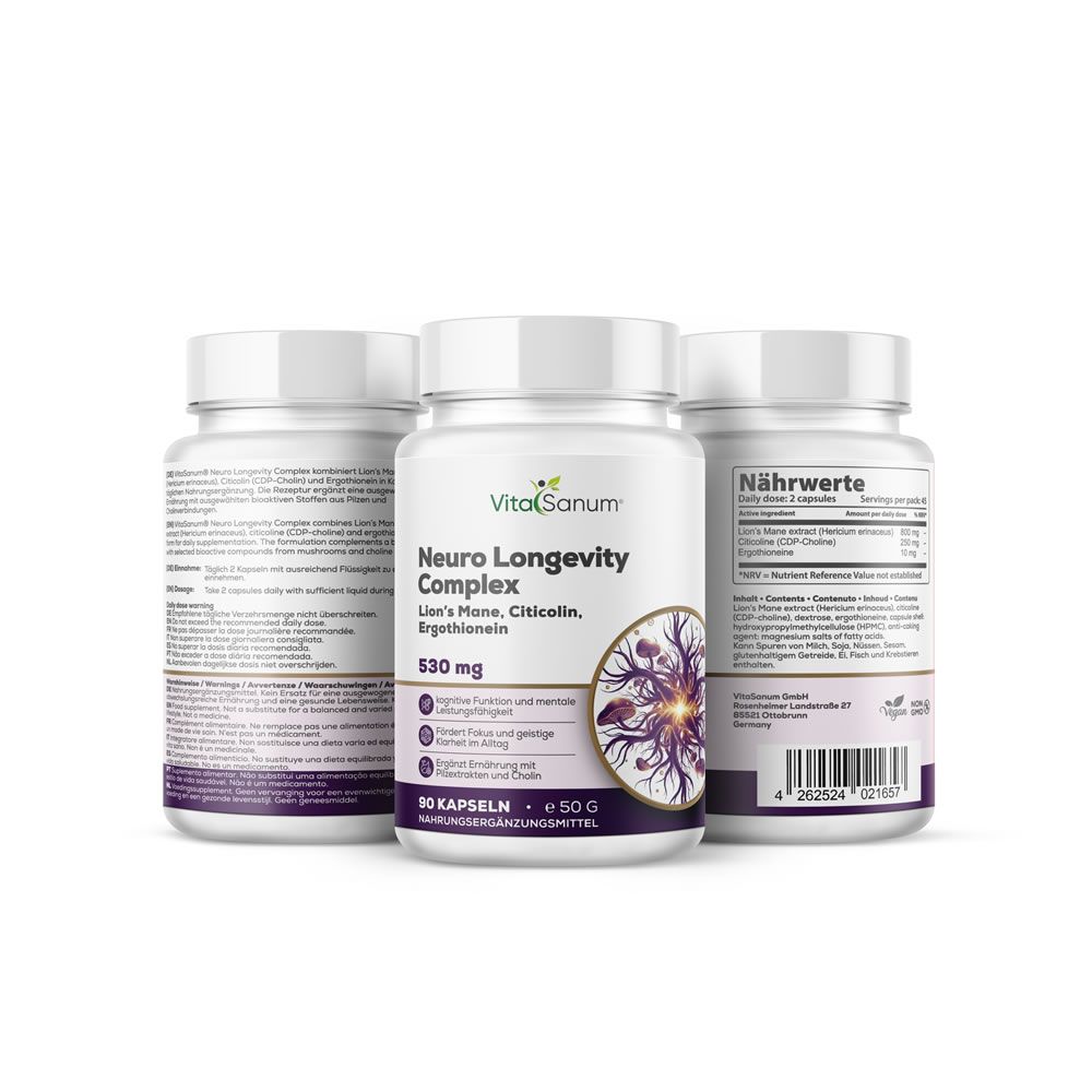 VitaSanum Neuro Longevity Complex Kapseln, 90 Stück, Vorder- und Rückansicht.