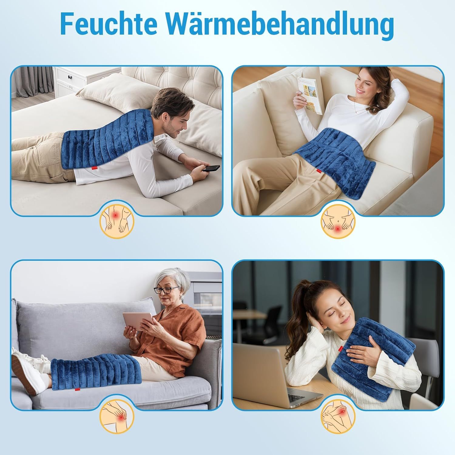 Vier Szenen zeigen die Anwendung einer blauen Heizdecke zur Linderung von Schmerzen im unteren Rücken, Nacken und Bein.