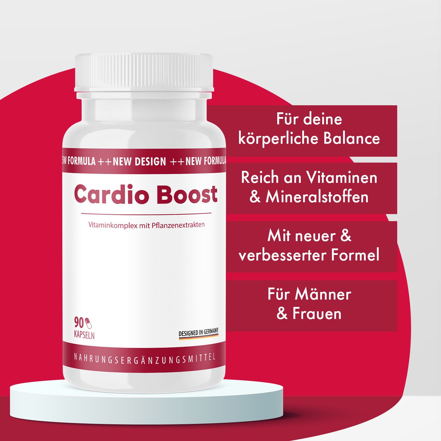 Cardio Boost Kapseln auf Podest. Text: Für deine körperliche Balance, reich an Vitaminen & Mineralstoffen, mit neuer & verbesserter Formel, für Männer & Frauen.
