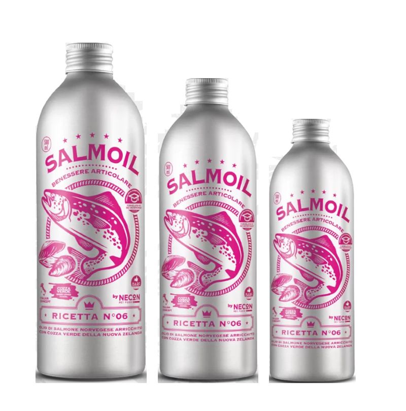 Drei silberne Flaschen mit rosa Etiketten. Auf den Etiketten steht "SALMOIL", ein Fisch-Design und "RICETTA N°06".