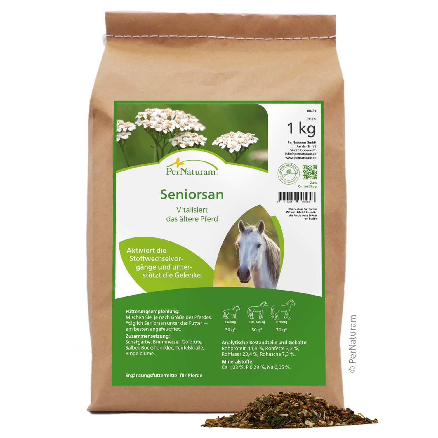 Papiertüte mit Kräutermischung. Aufdruck mit Produktname und Pferd. 1 kg. PerNaturam Logo.