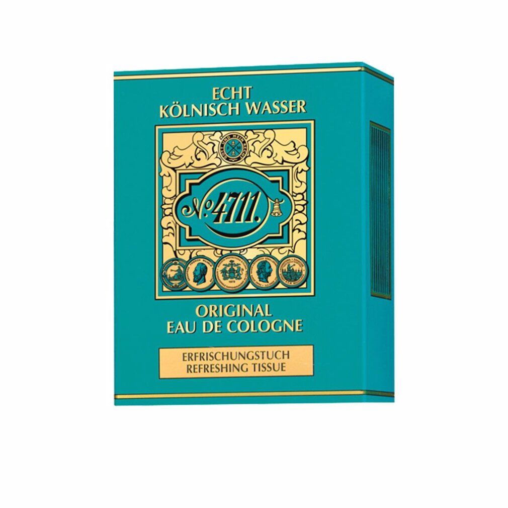 Türkisblaue Schachtel. Aufdruck: "Echt Kölnisch Wasser", Logo, "Original Eau de Cologne", "Erfrischungstuch". Goldfarbene Details.