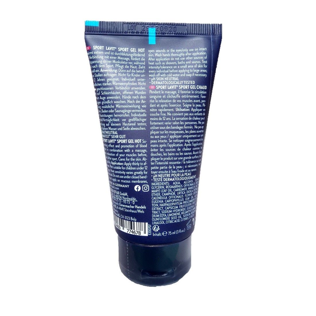 Rückseite einer dunkelblauen Tube. Text in mehreren Sprachen. "Sport Lavit Sport Gel Hot" und "Dermatologisch getestet" sind sichtbar.